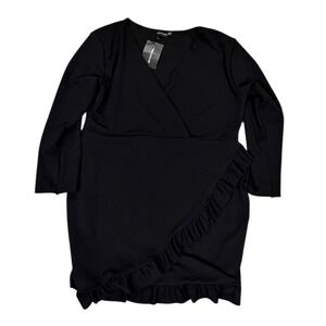 NWT PrettyLittleThing Black Long Sleeve Ruffle‎ Wrap Midi Dress Plus Size 26